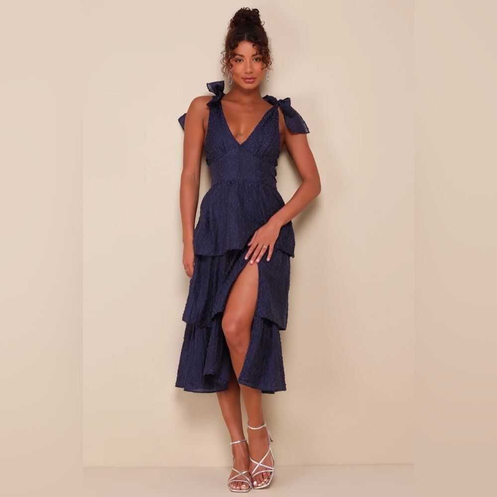 Lulus Blissful Direction Navy Tie-Strap Clip Dot Bustier Midi Dress
